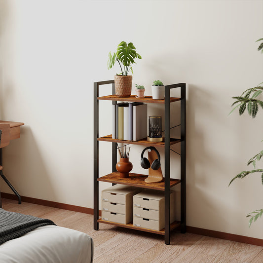 4-Tier Industrial Bookshelf, 26" Steel Frame Bookcase with X-Brace Support, Space-Saving Shelf for Home, Office, Rustic Brown and Black