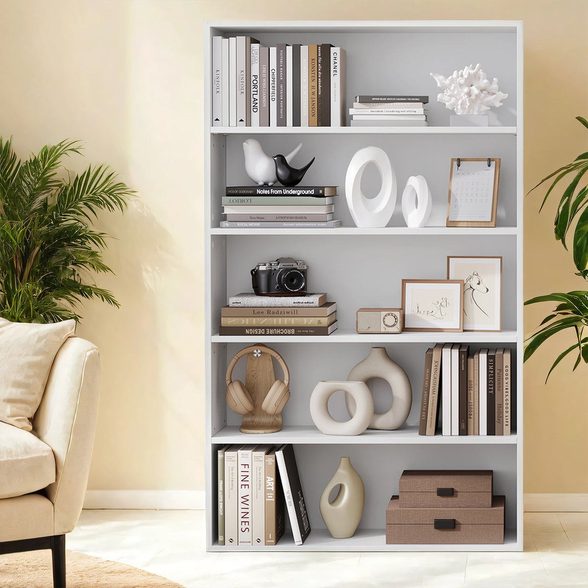 LEDREM 5-Tier Bookcase, Bookshelf, with Adjustable Storage Shelves, Open Shelving, White
