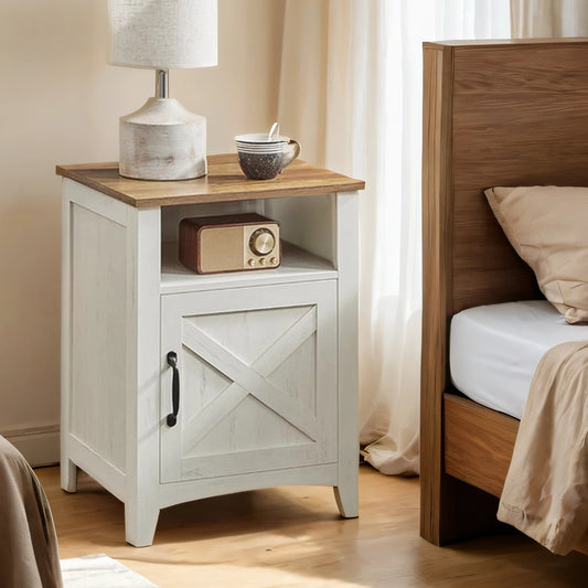 Farmhouse Nightstand Set of 2 - Rustic White Bedside Tables with Barn Doors, Adjustable Storage & Open Shelves, Rustic White and Honey Brown