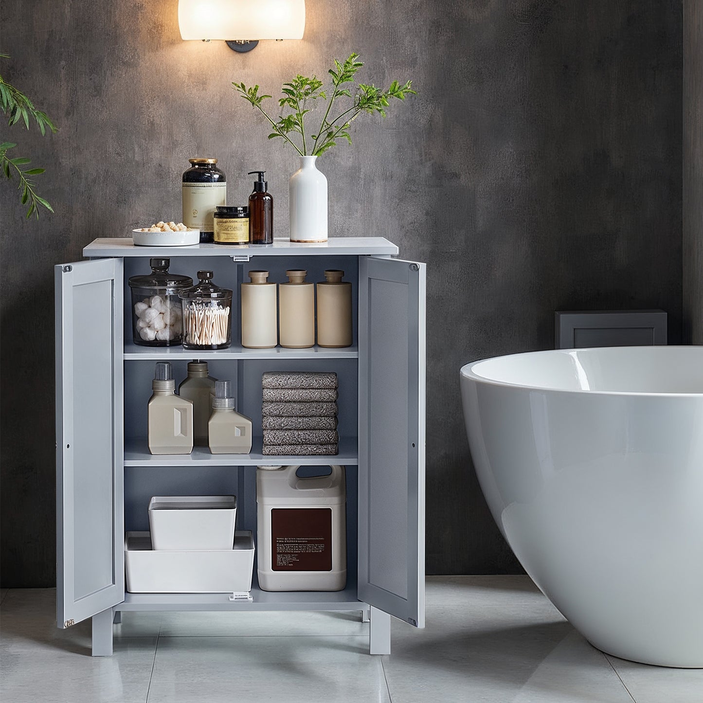 Freestanding Bathroom Storage Cabinet - 2 Adjustable Shelves, Space-Saving Design, Anti-Tip Kit, 23.6" Wide, Dove Gray