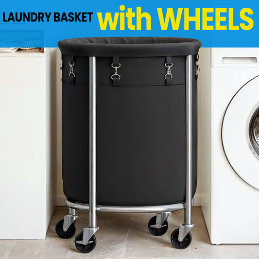 29-Gal Rolling Laundry Hamper with Wheels, Steel Frame & Removable Bag, 4 Casters (2 Brakes), Black and Silver
