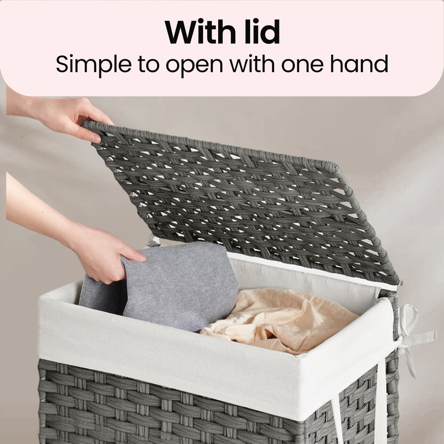 Foldable Laundry Hamper Basket with Removable Liner & Lid, 23.8 Gallon (90L) Waterproof Synthetic Rattan, Space-Saving for Bathroom，Bedroom, Handles for Easy Carry, Dove Gray