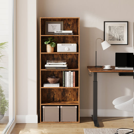 6-Tier Adjustable Bookcase, Open Shelf Storage Unit for Home, Office, Easy Assembly, Rustic Brown