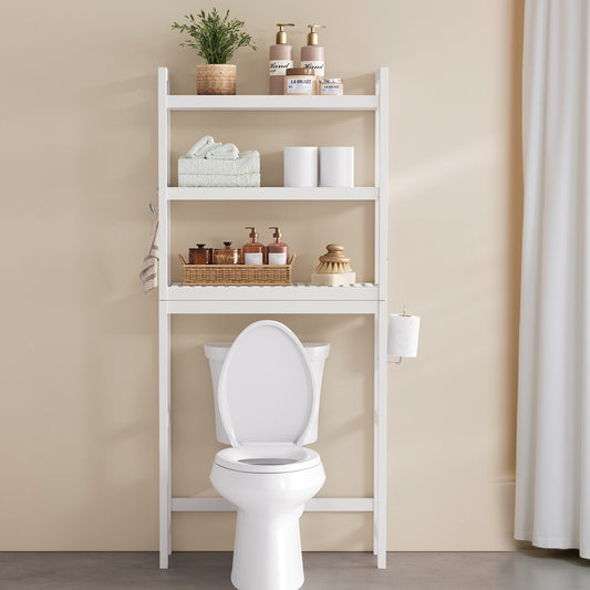 3-Tier Over-The-Toilet Bathroom Shelf Organizer with Adjustable Middle Shelf, 4 Hooks & TP Holder, Space-Saving Design, Fits Most Toilets, Cloud White