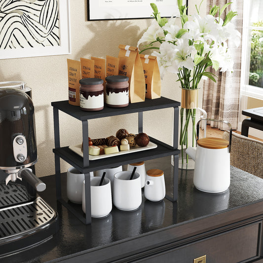 2-Tier Stackable Kitchen Shelf Organizer – Adjustable Countertop Storage for Spices, Utensils & Cookbooks，Expandable Metal，Wood Design， Black