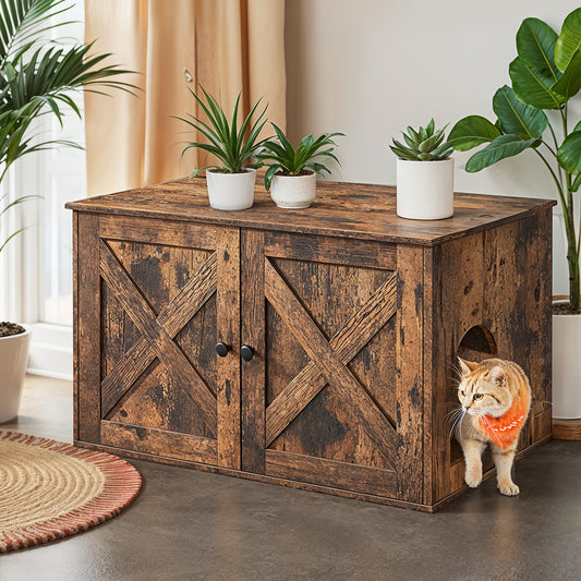 Cat Litter Box Furniture Enclosure with Barn Doors & Adjustable Space, Multi-Functional End Table for Indoor Cats, 31.5x20.9x19.7in, Rustic Brown