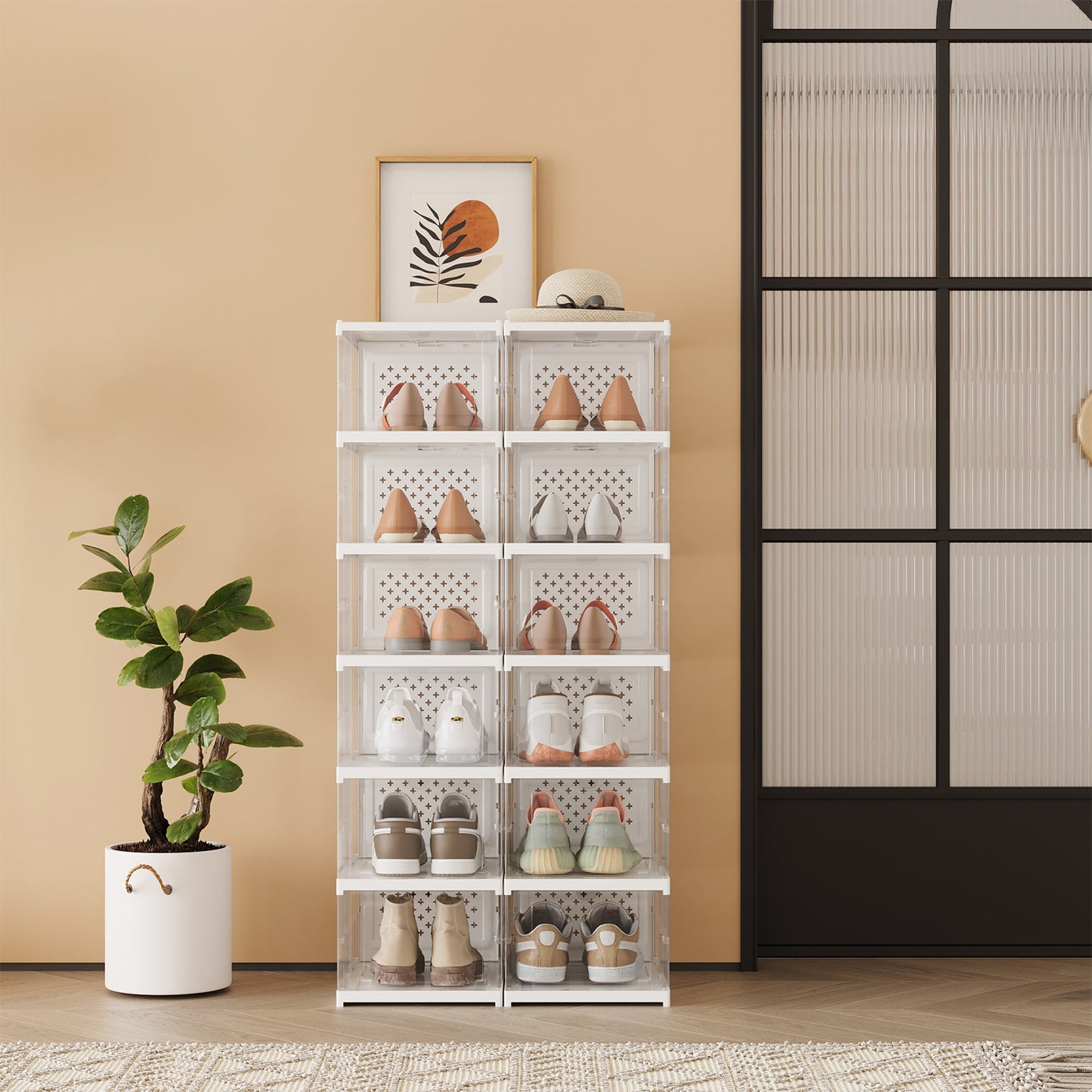 Foldable Shoe Storage Boxes - Pack of 12 Stackable Organizers with Clear Doors, Ventilated Design for US Size 13, Transparent and Cloud White