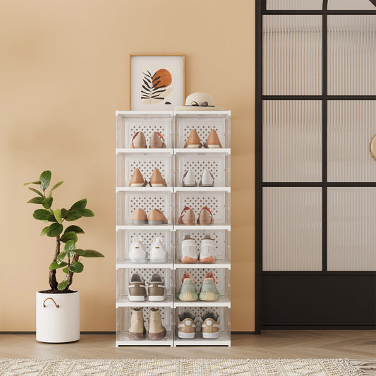 Foldable Shoe Storage Boxes - Pack of 12 Stackable Organizers with Clear Doors, Ventilated Design for US Size 13, Transparent and Cloud White