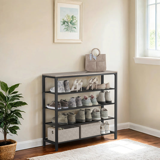 INDESTIC 5-Tier Shoe Rack, Heavy-Duty Steel Frame with 4 Mesh Shelves & Large Top for Shoes，Bags, Entryway Organizer, Adjustable Feet, Greige，Black
