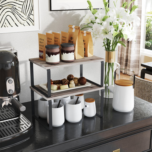 2-Tier Stackable Shelf Organizer - Metal/Wood Kitchen Storage Rack, 33lb Capacity, Adjustable Layout, Multi-Purpose, Ink Black and Heather Greige