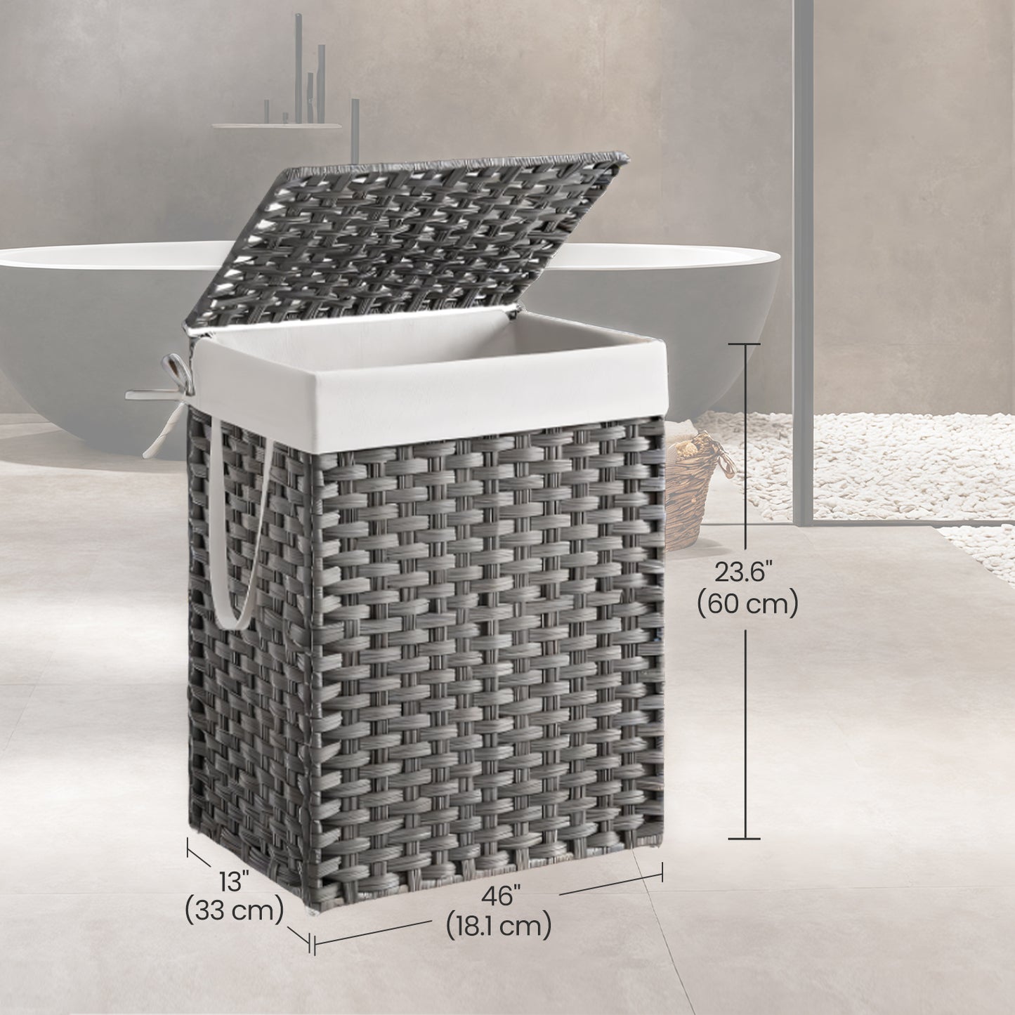Foldable Laundry Hamper Basket with Removable Liner & Lid, 23.8 Gallon (90L) Waterproof Synthetic Rattan, Space-Saving for Bathroom，Bedroom, Handles for Easy Carry, Dove Gray