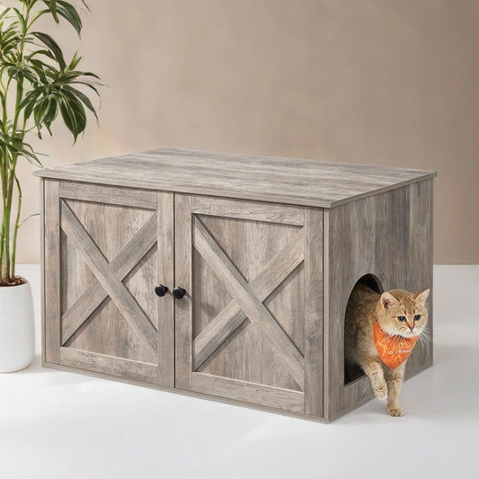 Cat Litter Box Furniture - Hidden Enclosure with Barn Doors & Removable Divider, Multi-Functional End Table for Indoor Cats, 31.5" x 20.9" x 19.7", Greige