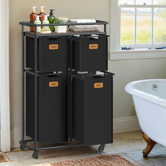 4-Compartment Rolling Laundry Sorter, 39.6 Gal Capacity with Shelf & 6 Labels, Steel Frame, Removable Liners, Ink Black and Chestnut Brown