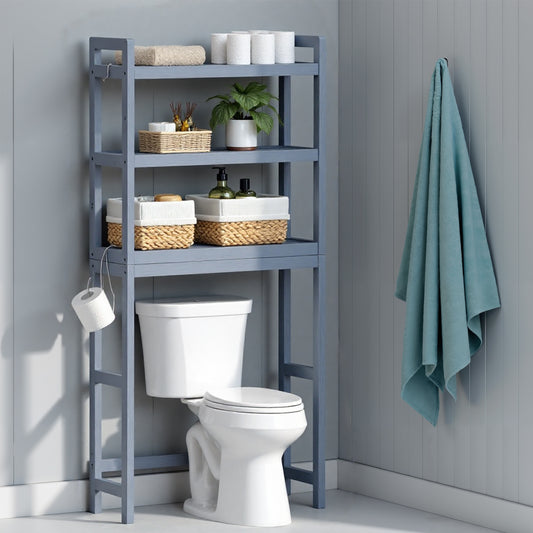 3-Tier Over-The-Toilet Storage Shelf with Adjustable Middle Tier, 4 Hooks & TP Holder,Space-Saving Bamboo Organizer for Bathroom, Gray