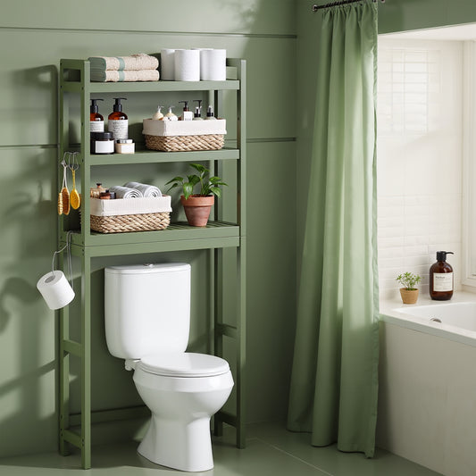 3-Tier Over-The-Toilet Storage Shelf with Adjustable Middle Tier, 4 Hooks & TP Holder ,Space-Saving Bamboo Organizer for Towels, Toiletries, Forest Green