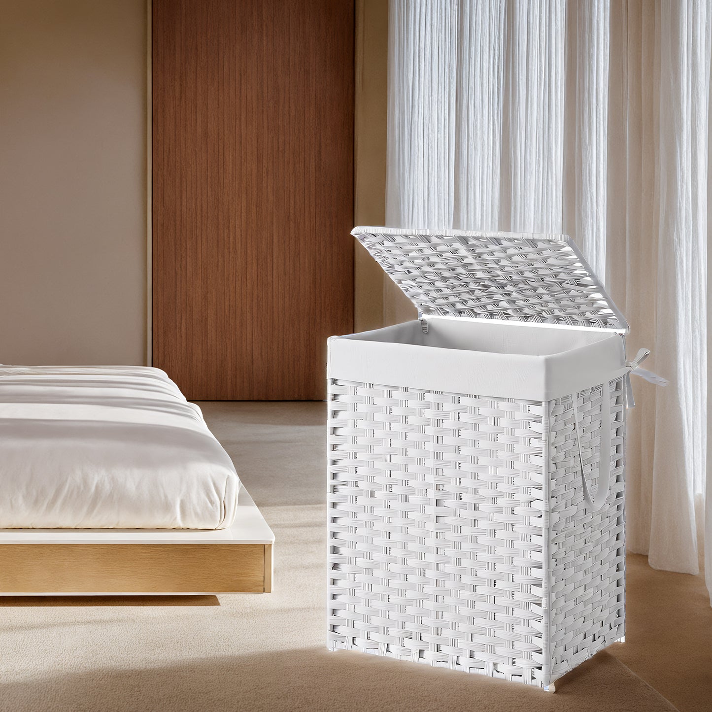 Foldable Laundry Hamper with Removable Liner & Lid – 23.8 Gallon (90L) Synthetic Rattan Basket, Handles, Space-Saving for Bedroom，Bathroom, Machine-Washable, Cloud White