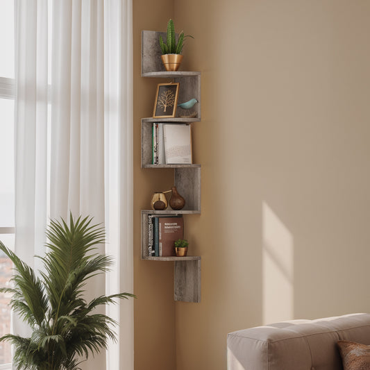 Floating Corner Shelf - 5-Tier Wall Mount Bookshelf, Space-Saving Design, 13.2lb Capacity per Shelf, Heather Greige