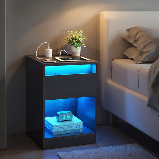 Modern LED Nightstand with Charging Station - Adjustable Color Lights, 2 Outlets & USB Ports, Spacious Drawer, 242lb Capacity, Ebony Black