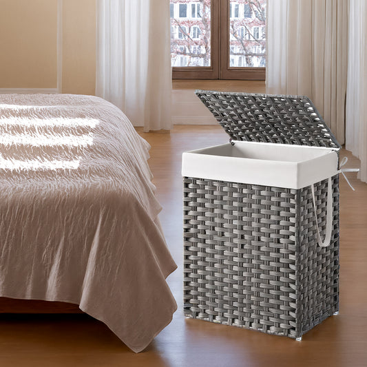Foldable Laundry Hamper Basket with Removable Liner & Lid, 23.8 Gallon (90L) Waterproof Synthetic Rattan, Space-Saving for Bathroom，Bedroom, Handles for Easy Carry, Dove Gray