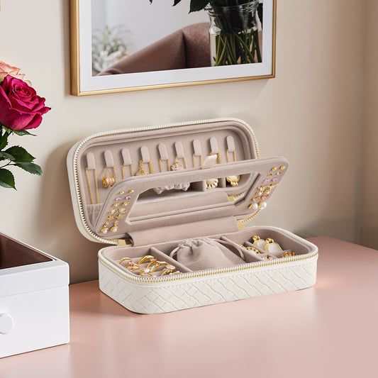 Travel Jewelry Case with Mirror, Woven PU Leather Jewelry Organizer & Removable Pouch, Portable Jewelry Box, Cloud White