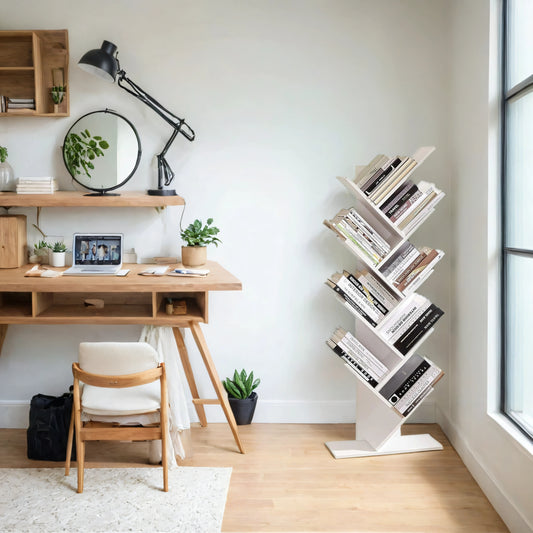 9-Tier Tree Bookshelf, Space-Saving Corner Bookcase for Living Room, Bedroom, Office, Holds 22lb/Shelf, Anti-Tip Design, Cloud White