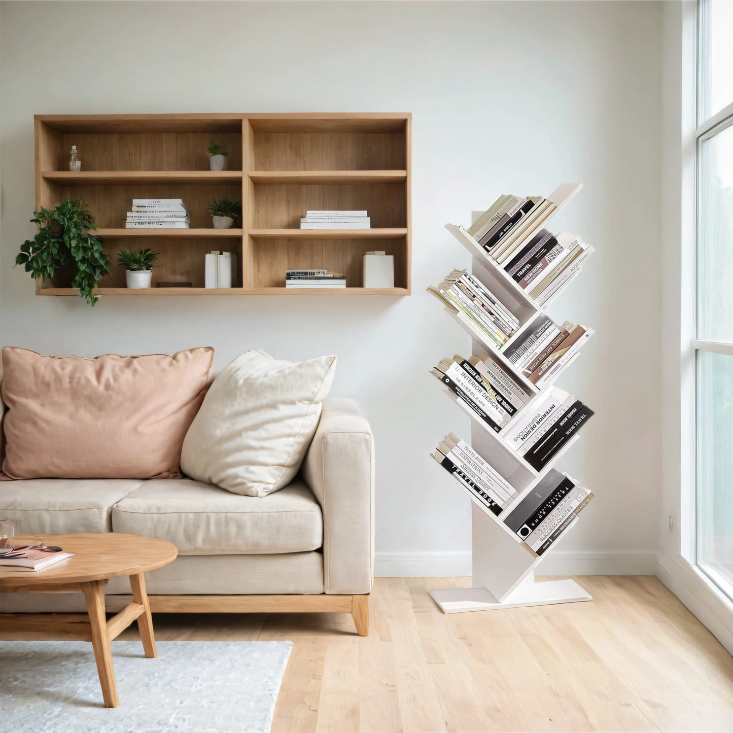 9-Tier Tree Bookshelf, Space-Saving Corner Bookcase for Living Room, Bedroom, Office, Holds 22lb/Shelf, Anti-Tip Design, Cloud White
