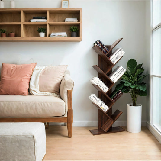9-Tier Tree Design Bookcase, Corner Shelf with Anti-Tip Kit, Space-Saving Storage for Books, Toys, Decor, Holds 22lb/Shelf, Walnut Color
