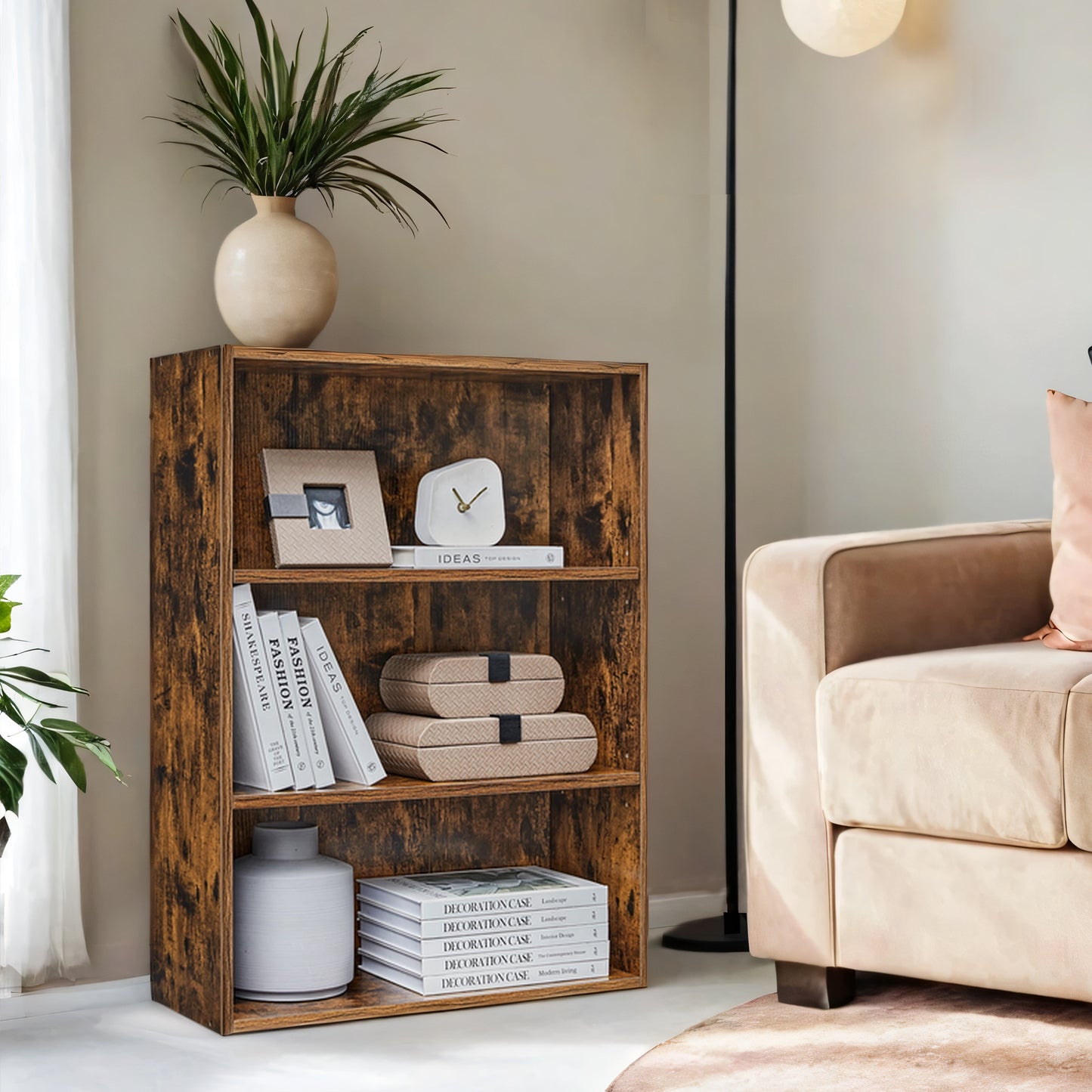 3-Tier Adjustable Bookcase, Open Shelf Organizer, 32" Storage Unit for Home, Office, 22lb Capacity per Shelf, Rustic Brown