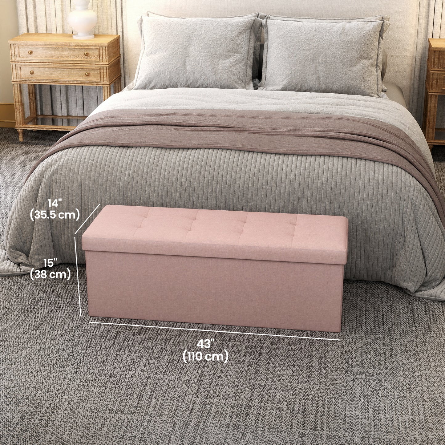 MAZIE Collection Storage Ottoman Bench, 43" Extra Wide, 660lb Capacity, Multi-Functional Footrest, Seat, Storage, Removable Divider, Jelly Pink