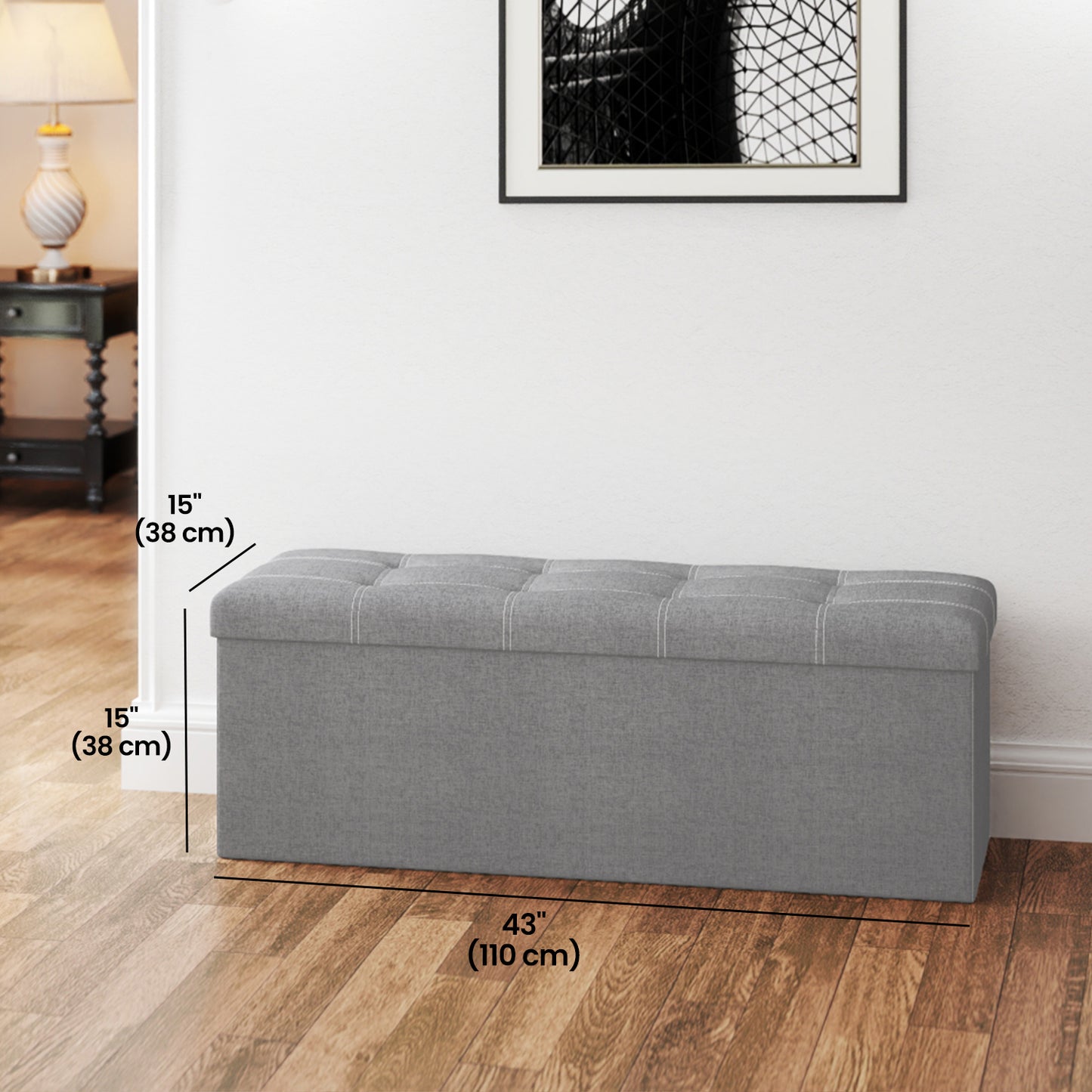 Collection - 43" Foldable Storage Ottoman Bench, 660lb Capacity, 35 Gal Storage, Multi-Functional Footrest, Seat, Linen-Look Fabric, Light Gray