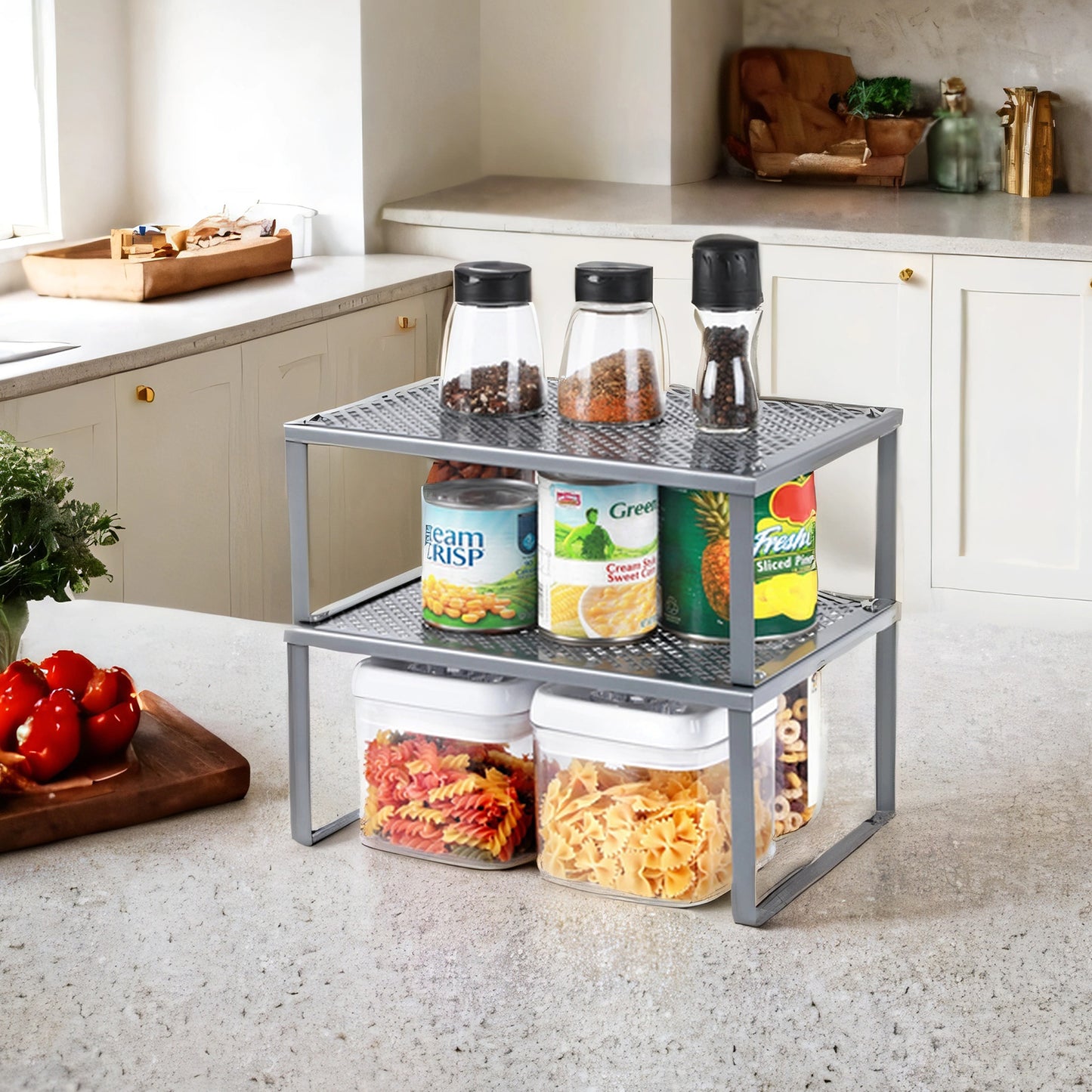 Spice Racks Set of 2 – Stackable & Expandable Metal Shelf Organizers, Heavy-Duty Cabinet & Countertop Storage, Space-Saving Shelf Risers, Silver
