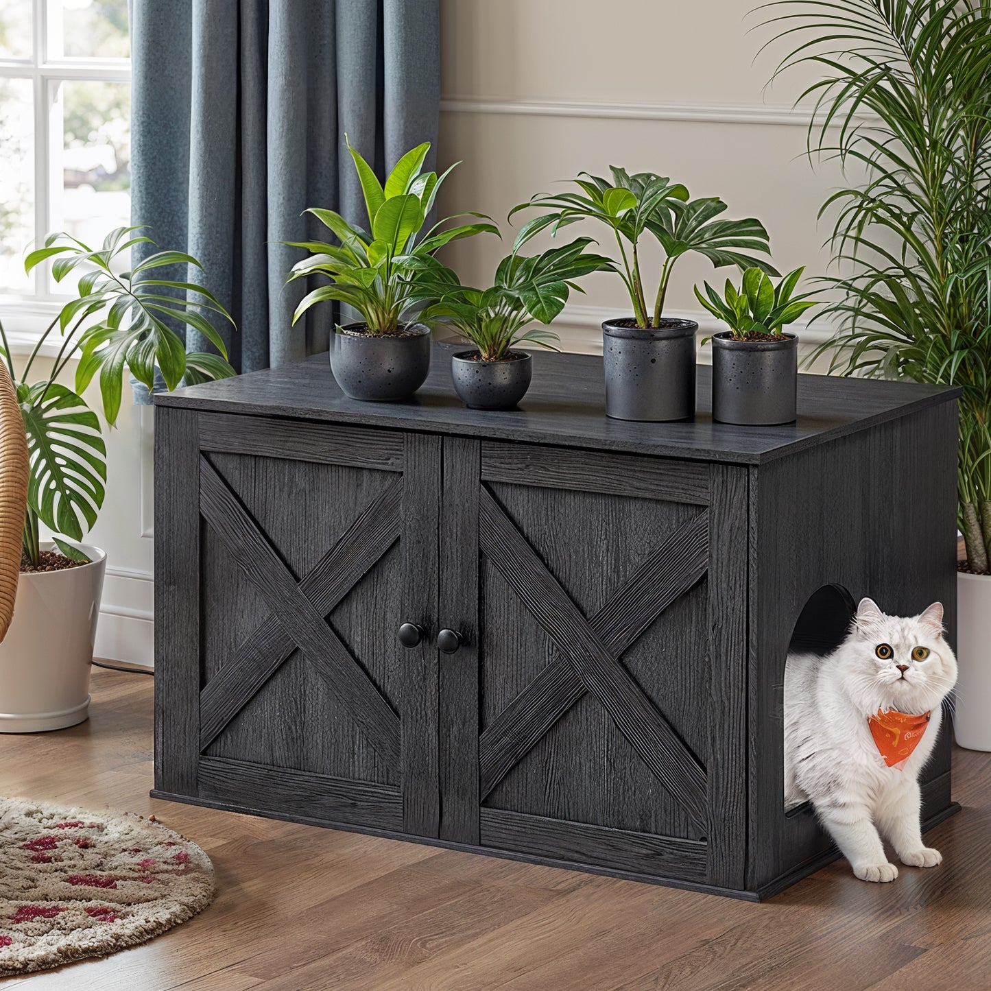 Cat Litter Box Furniture Enclosure, Hidden Washroom with Removable Divider & Barn Doors, Multi-Functional End Table for Indoor Cats, 31.5" x 20.9" x 19.7", Ink Black