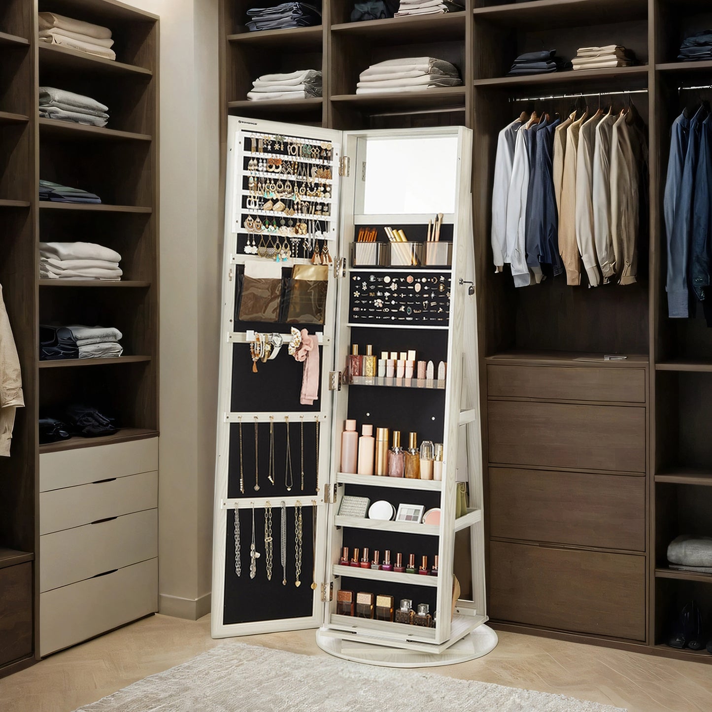 360° Swivel Lockable Jewelry Armoire with Full-Length Mirror, 120 Earring Slots, 12 Necklace Hooks, 78 Ring Slots, Rear Shelves & Interior Mirror，White