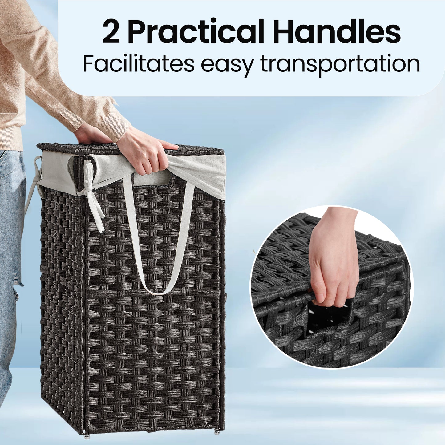 Foldable Laundry Hamper with Removable Liner & Lid – 23.8 Gallon (90L) Synthetic Rattan Basket, Handles, Space-Saving for Bedroom，Bathroom, Black