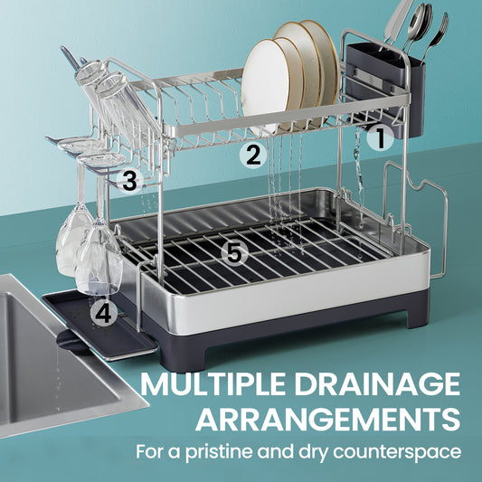 2-Tier Stainless Steel Dish Rack - Space Saving Design with Rotating Spout, Complete Drying System, Utensil & Glass Holders, Silver and Gray