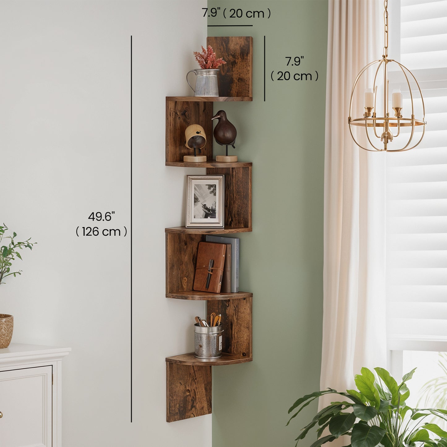 Floating Corner Shelf - 5-Tier Wall Mount Bookshelf, Space-Saving Design, 13.2lb Capacity per Shelf, Rustic Brown
