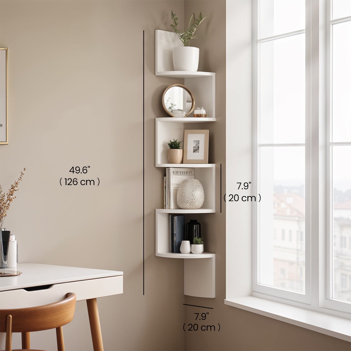 Floating Corner Shelf - 5-Tier Wall Mount Bookshelf, Space-Saving Design, 13.2lb Capacity per Shelf, Cloud White