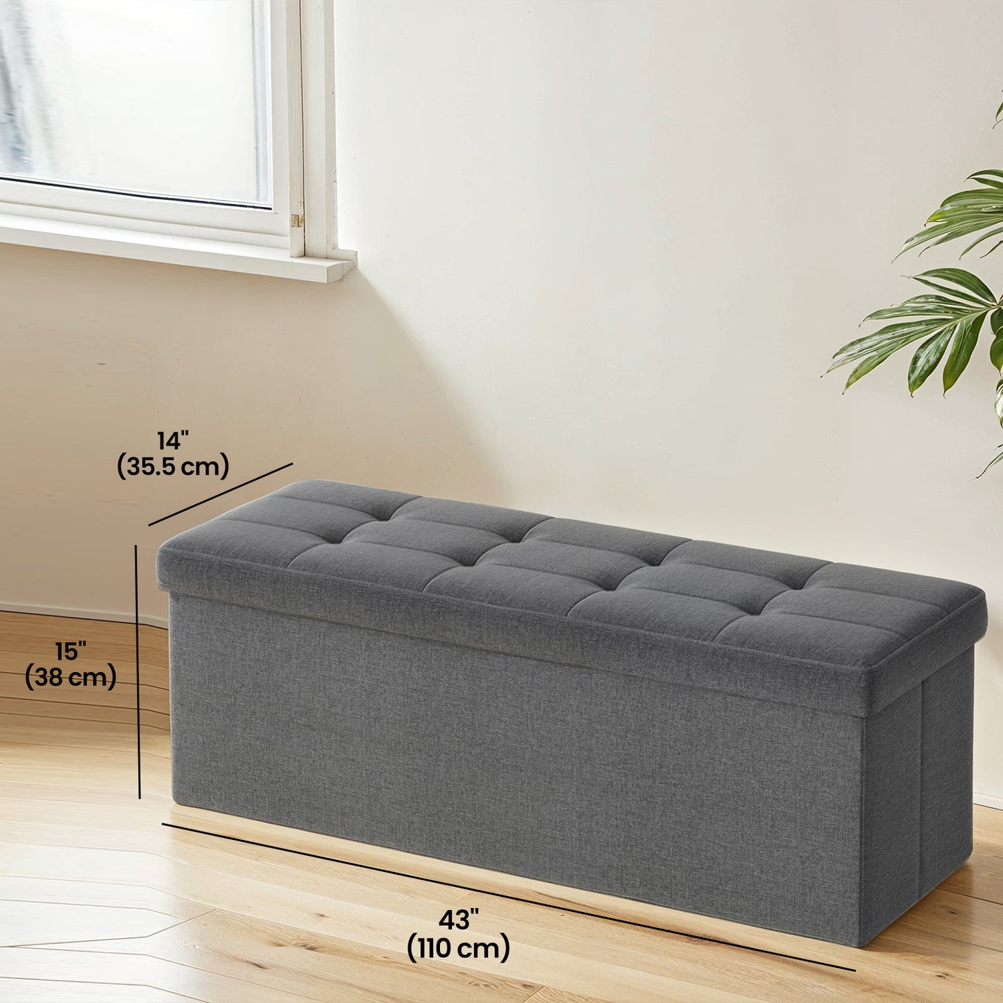 Collection - 43" Foldable Storage Ottoman Bench, 660lb Capacity, Multi-Functional Footrest, Seat, Storage, Space-Saving Design, Dark Gray