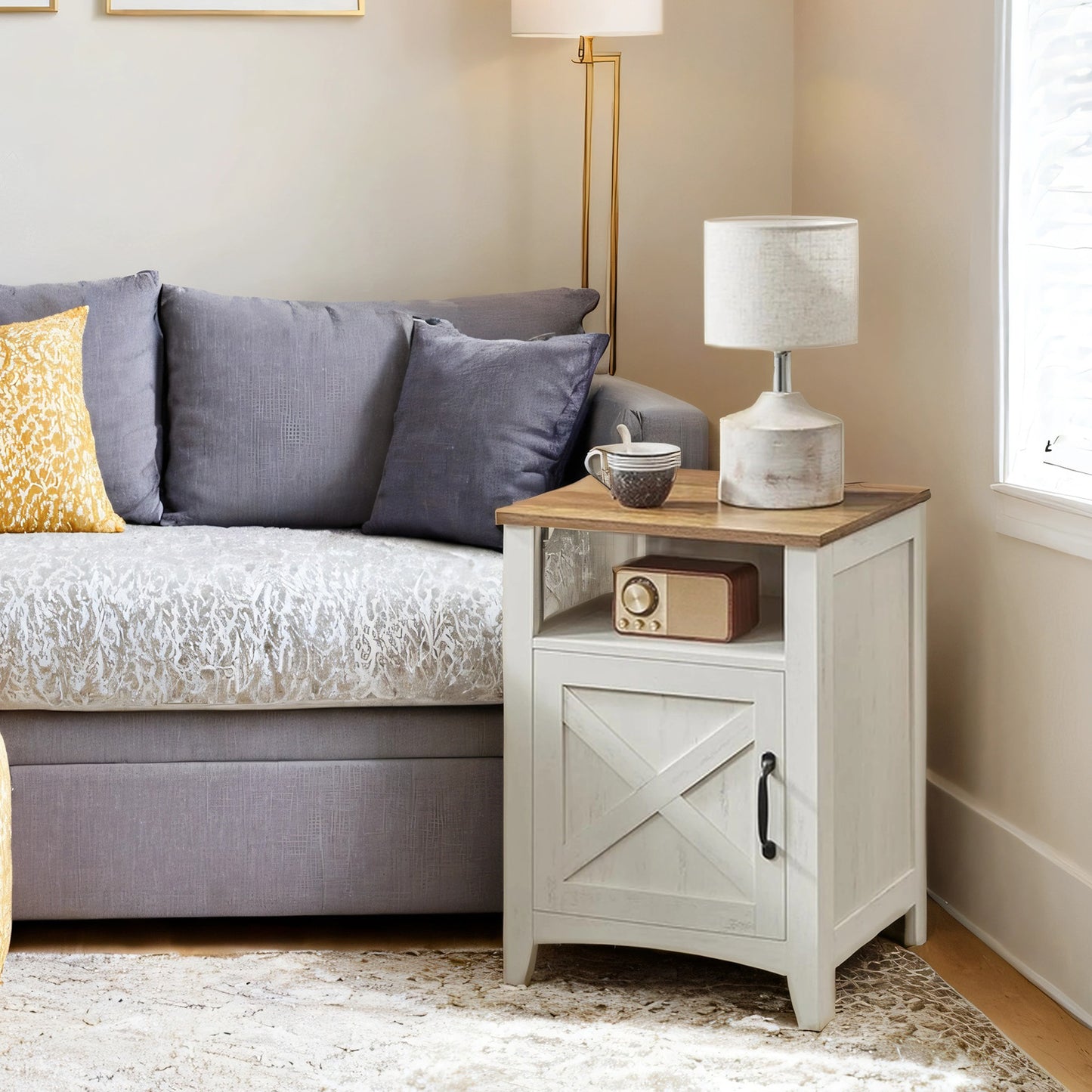 Farmhouse Nightstand Set of 2 - Rustic White Bedside Tables with Barn Doors, Adjustable Storage & Open Shelves, Rustic White and Honey Brown