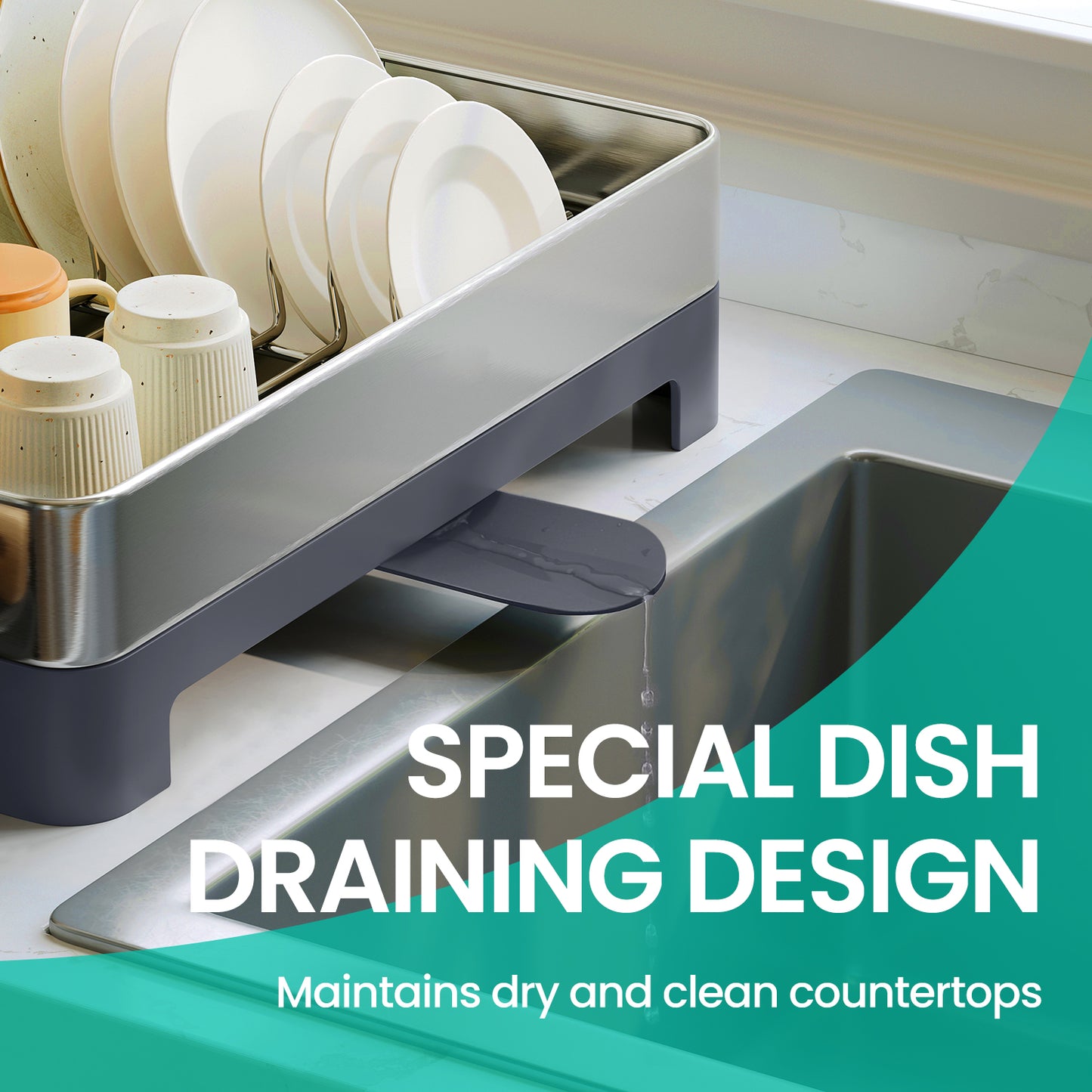 Extra Large Dish Drying Rack - Stainless Steel with 360° Drain Spout, Holds 9 Plates & Utensils, Fingerprint-Proof, Silver and Gray