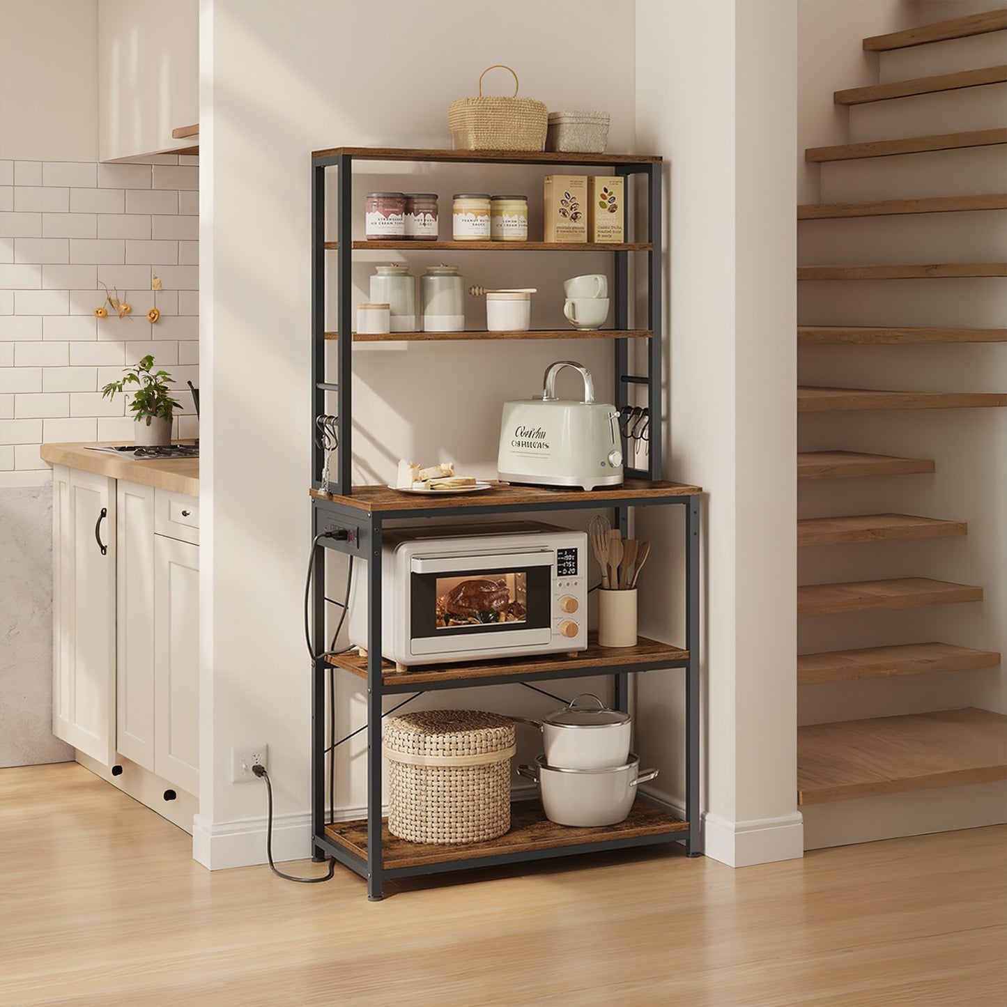 31.5" Bakers Rack with Power Outlet, 6-Tier Kitchen Shelves with Adjustable Shelf & Hooks, Microwave Stand, Rustic Brown and Black