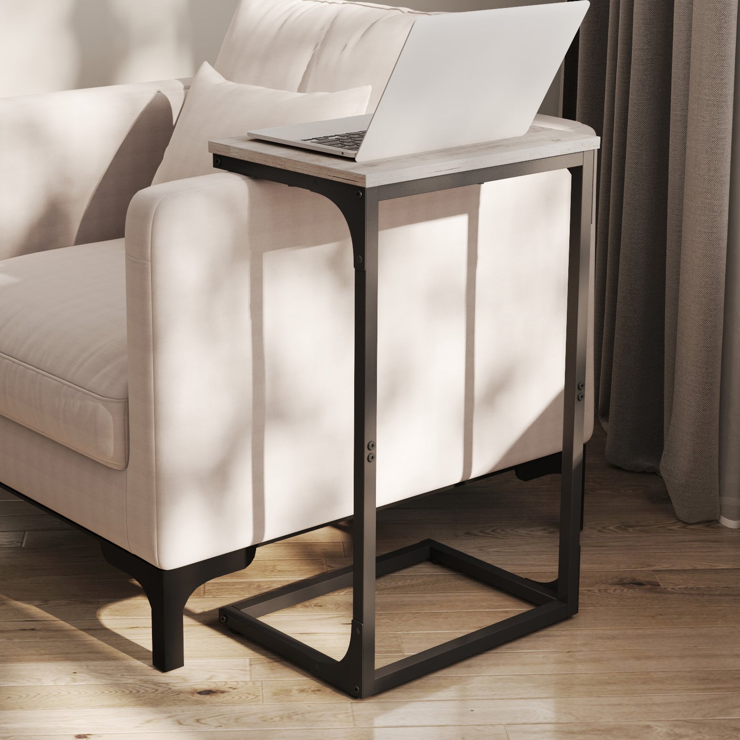 C-Shaped End Table - Sofa Side Table with Metal Frame, Space-Saving Design, 26.3" Height, Greige and Black