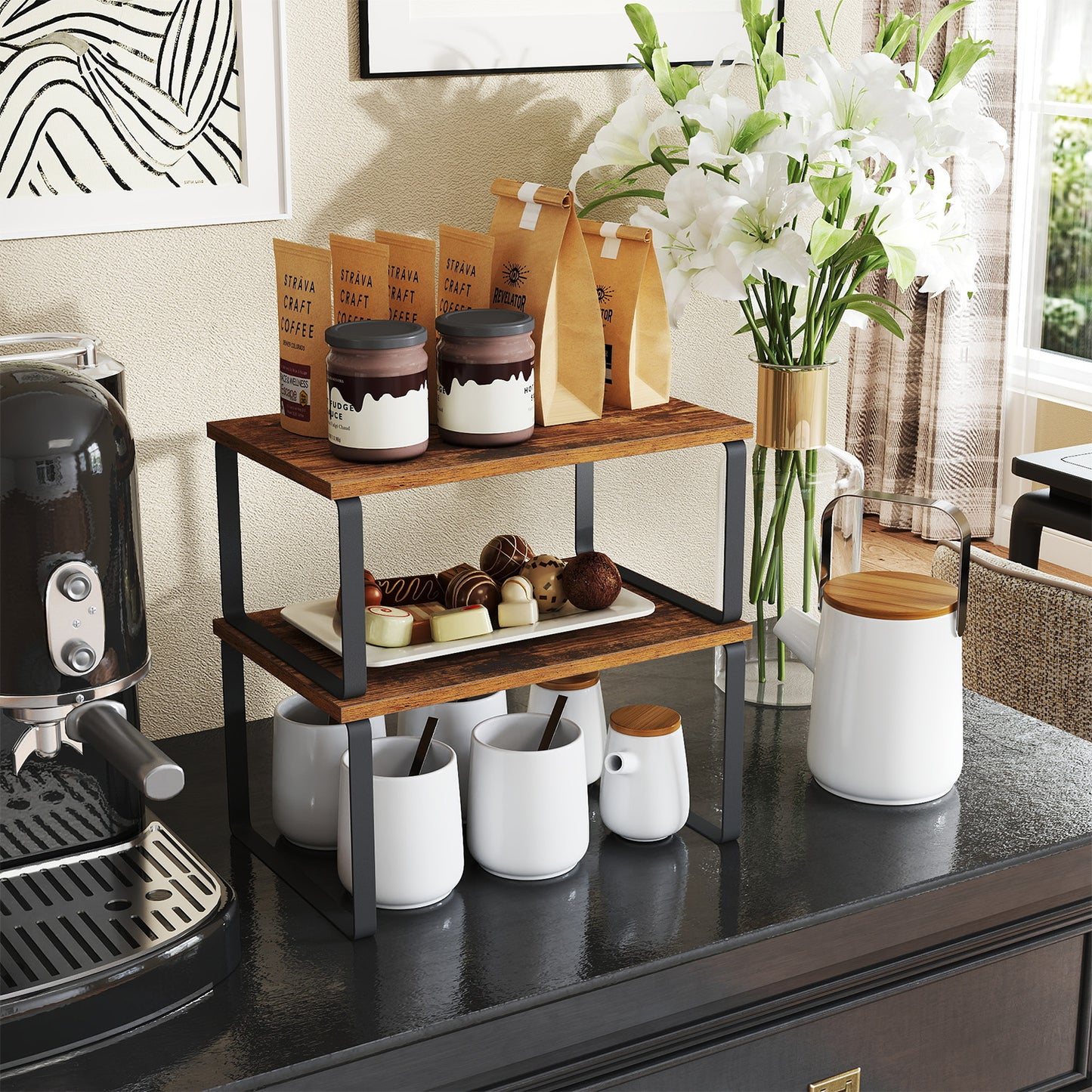 2-Tier Stackable Kitchen Cabinet Organizer Shelf, Adjustable & Expandable Storage Rack for Spices, Utensils, Books，Metal & Wood, Black，Brown