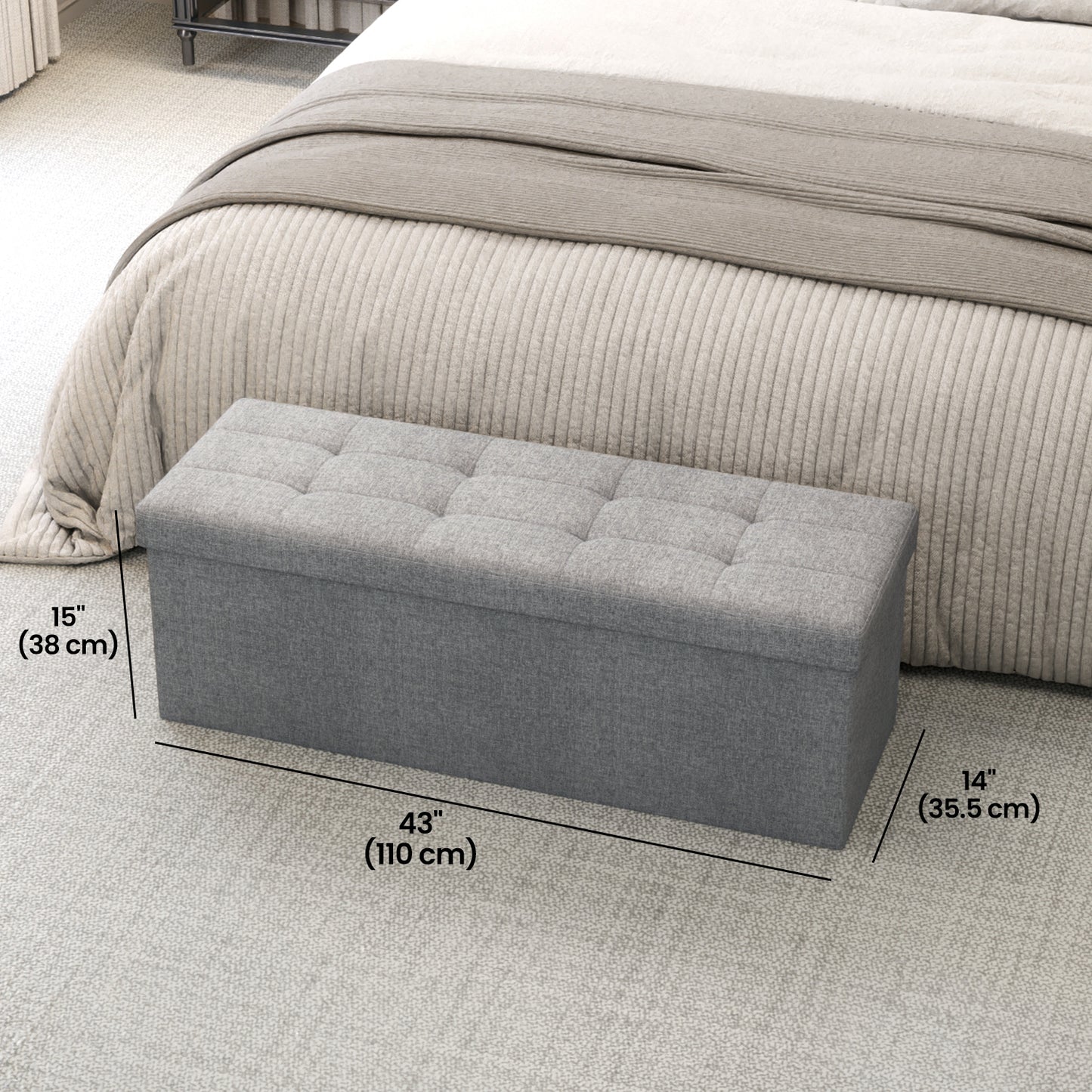 Collection - 43" Instant-Fold Storage Ottoman Bench, 660lb Capacity, Multi-Functional Organizer with Adjustable Divider, Light Gray