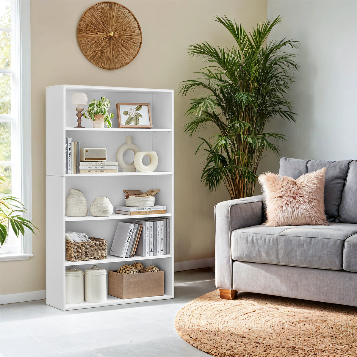 LEDREM 5-Tier Bookcase, Bookshelf, with Adjustable Storage Shelves, Open Shelving, White