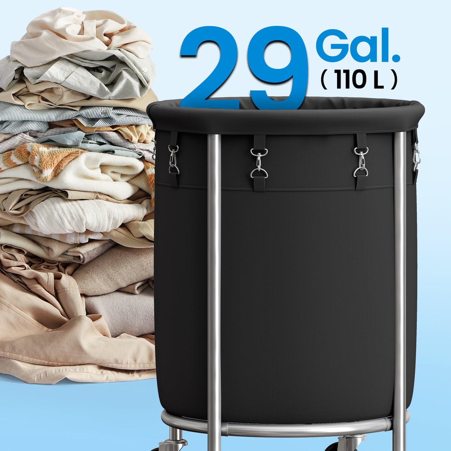 29-Gal Rolling Laundry Hamper with Wheels, Steel Frame & Removable Bag, 4 Casters (2 Brakes), Black and Silver