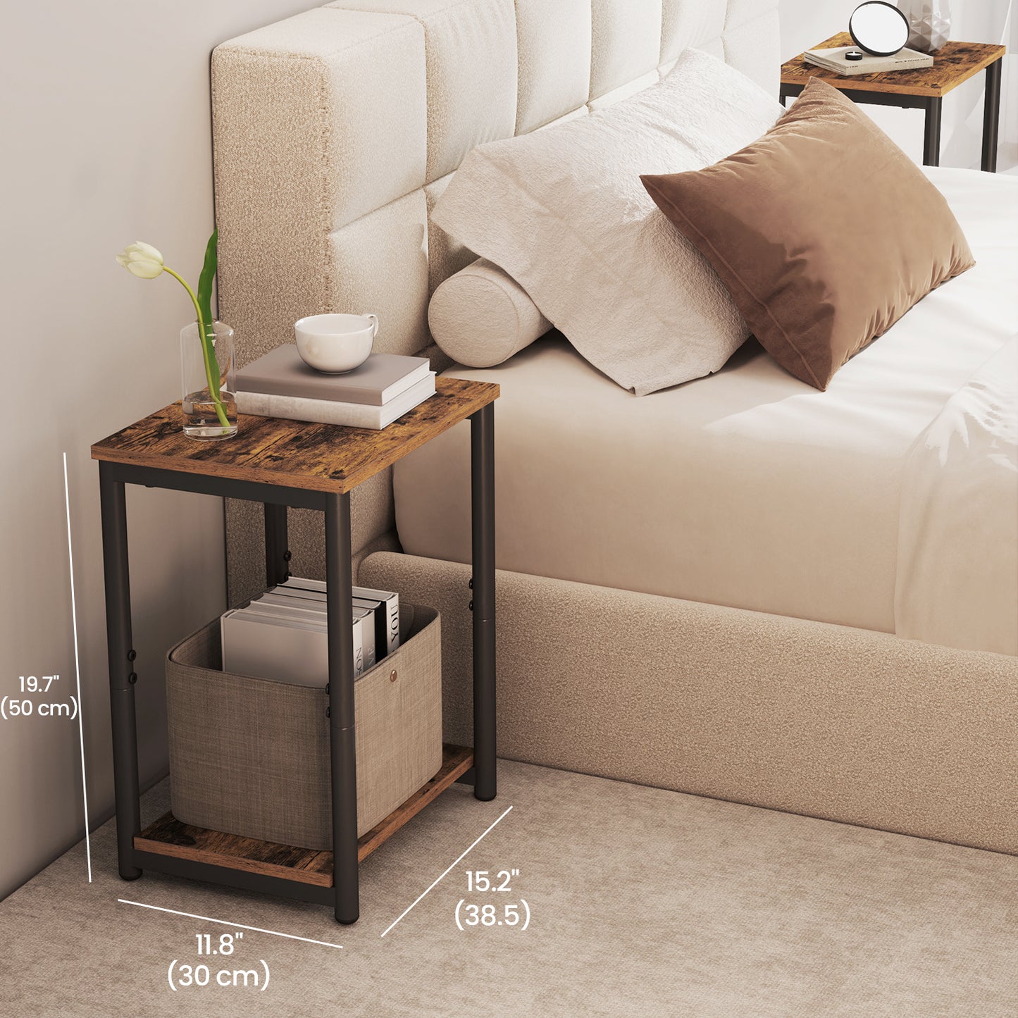 Side Tables Set of 2, Slim Industrial End Tables with Shelf, for Living Room, Bedroom, Office, Bathroom, Rustic Brown & Black