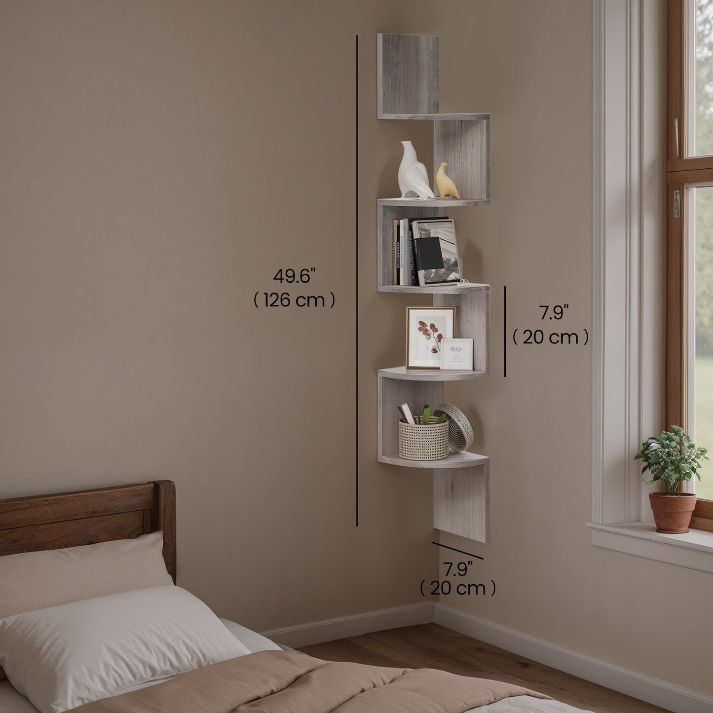 Floating Corner Shelf - 5-Tier Wall Mount Bookshelf, Space-Saving Design, 13.2lb Capacity per Shelf, Heather Greige