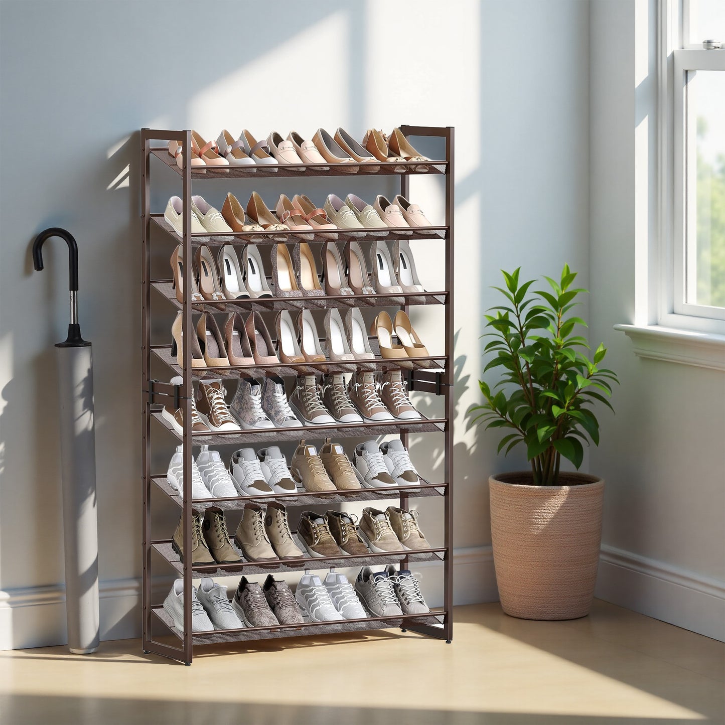 8-Tier Shoe Rack Organizer, Stackable & Adjustable Shelves (Flat，Angled), Metal Frame, Holds 32-40 Pairs, Convertible to 2x 4-Tier, Bronze