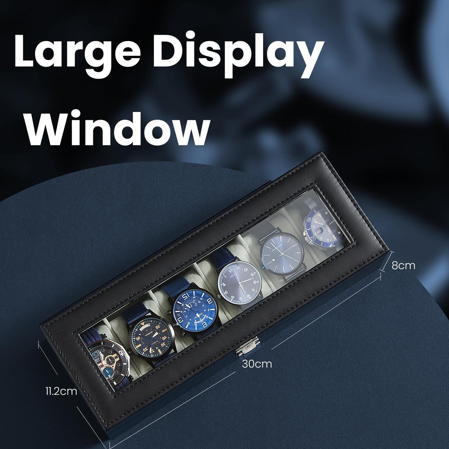 6-Slot Premium Watch Box with Glass Lid, PU Leather Case with Removable Pillows & Velvet Lining, Watch Organizer, Black Synthetic Leather, Gray Lining